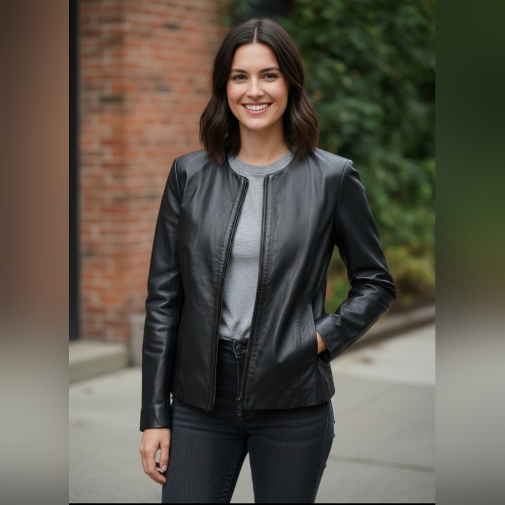 Black Leather Collarless Jacket with Zipper